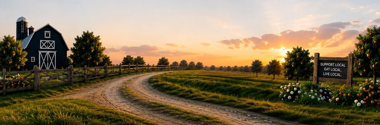 Illustrated farm scene with a navy barn, orange groves and the Road Apple Company red truck at sunset
