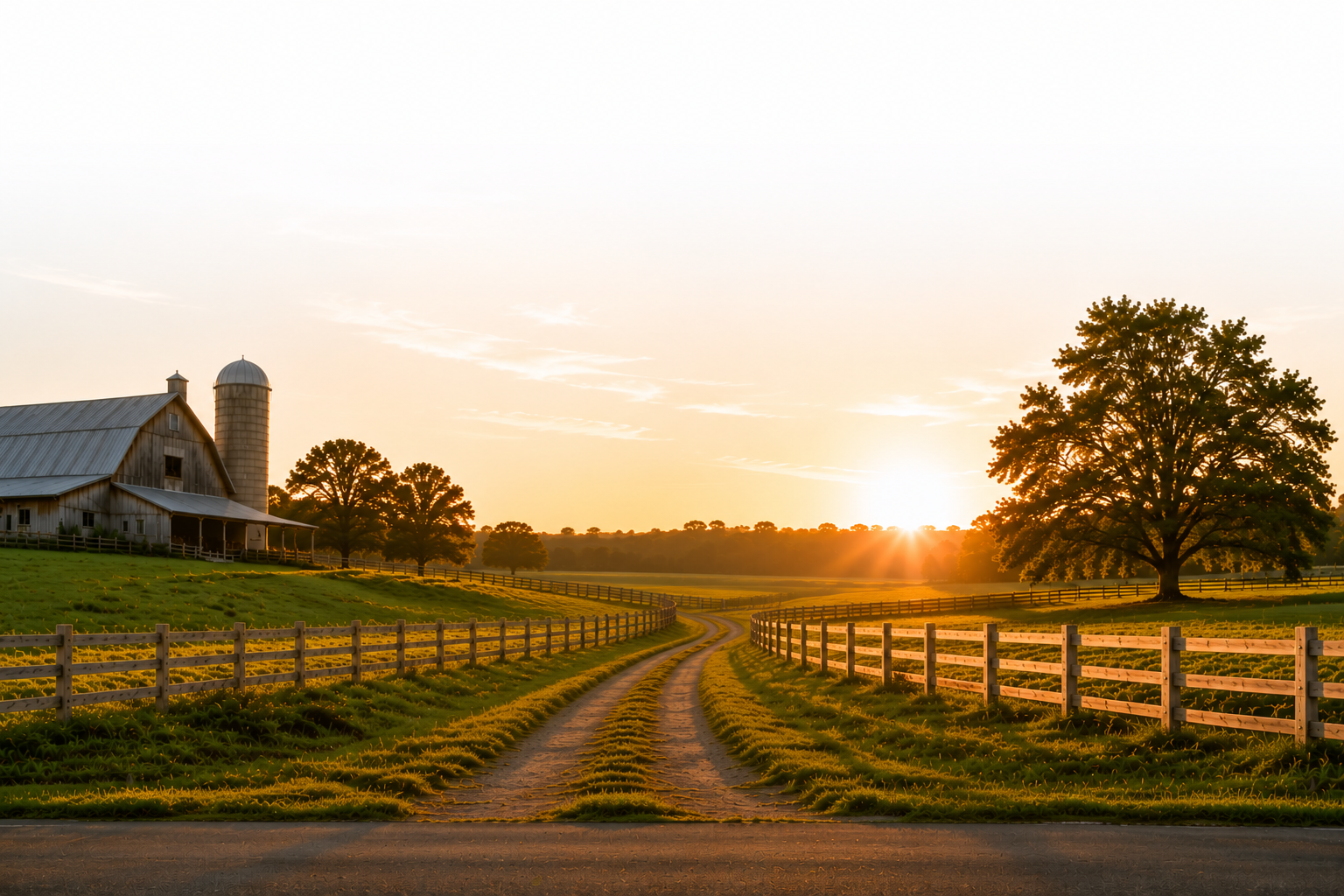 Peaceful countryside landscape at sunset with a barn and silo on the left, a large oak tree on the right, and a winding dirt road lined by wooden fences